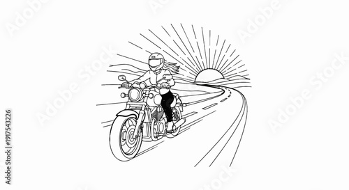 Rider on a motorcycle cruises down a winding road towards a radiant sunrise