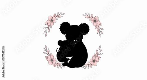 Silhouette mother and baby koala surrounded by pink floral garland