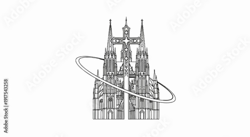 Ornate gothic cathedral facade with cross and orbiting ring