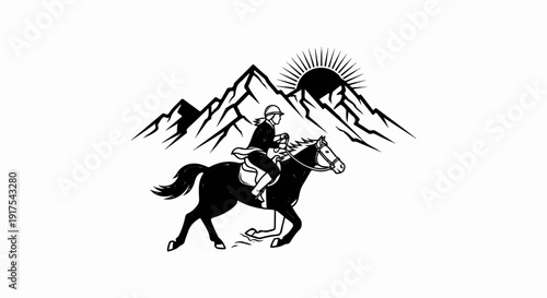 Rider on horseback galloping against a backdrop of mountains and sun