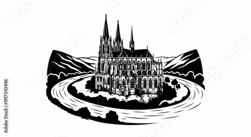 Ornate gothic cathedral perched on an island amidst winding river and mountains