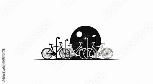 Outlined bicycles with lampposts in front of a large circular shape