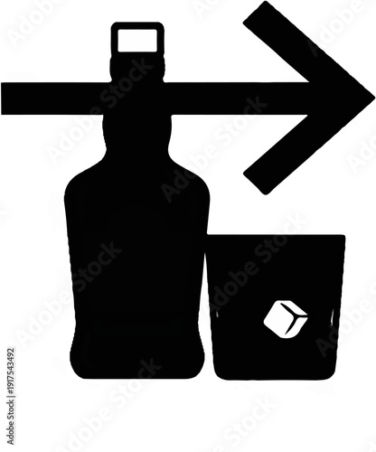 Silhouette of a bottle and a glass with ice, with a directional arrow