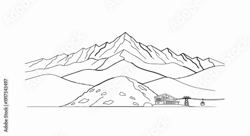 Mountain resort with cable car and station in minimalist line art style