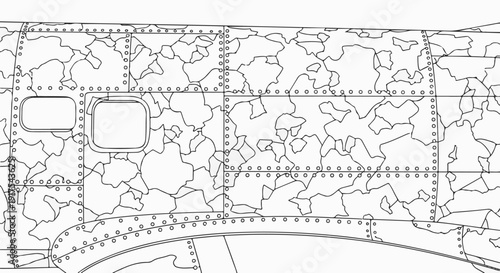 Riveted metal panels with a mottled camouflage pattern and window outlines