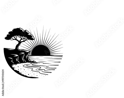 Silhouette of a tree on a cliff overlooking the ocean at sunset