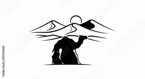 Silhouette of a camel and its young in a desert with sand dunes and sun