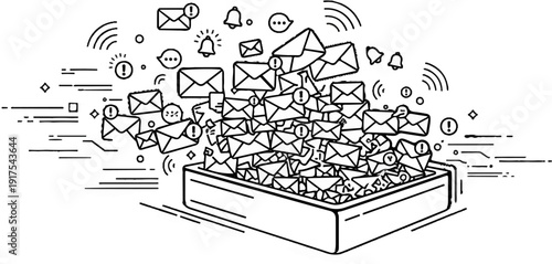 Overflowing inbox with alerts, notifications, and messages in a stylized drawing