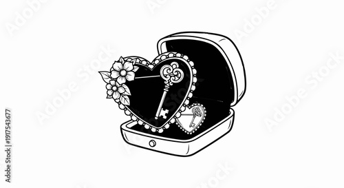 Ornate heart-shaped lockets with keys, one with flowers, in open box
