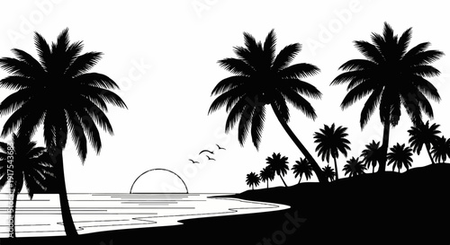 Silhouette of a tropical beach scene with palm trees, ocean, and sunset