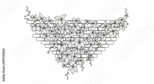 Overgrown brick wall with climbing vines, black and white sketch