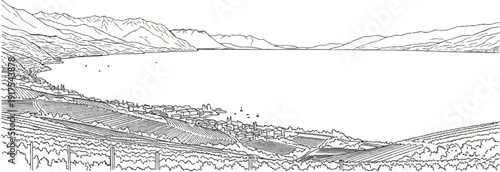 Mountainous terrain meets a vast lake with terraced vineyards and a village