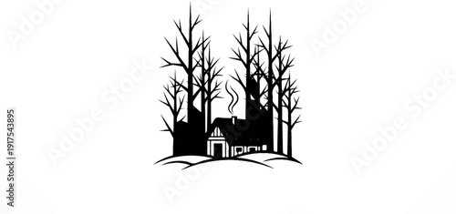 Silhouette of a cozy cabin nestled among bare trees with chimney smoke