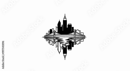 Silhouette of a city skyline reflected in water, featuring a bridge