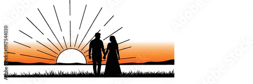 Silhouette of a couple holding hands at sunset with radiating sunbeams