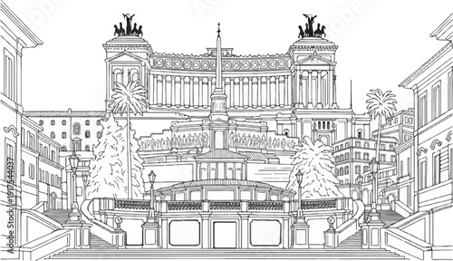 Ornate Italian piazza with grand monument, trees, and layered architecture