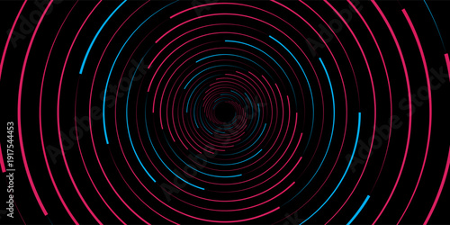 3D red black dynamic techno background on dark space. Tech banner with rotating circles style decoration. Modern graphic design element