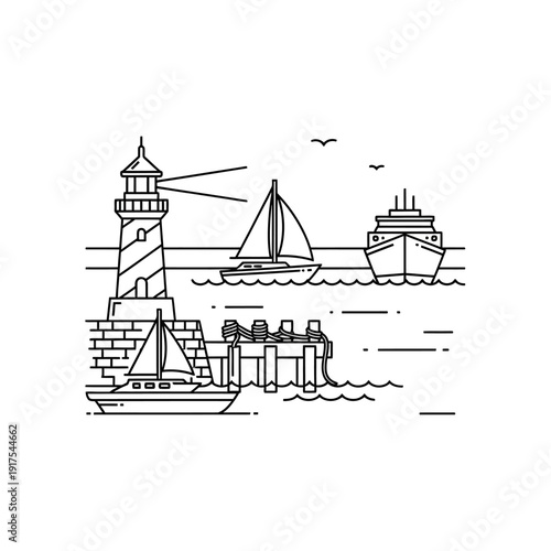Serene Harbor Scene with Lighthouse, Sailboats, and Cruise Ship on Calm Waters