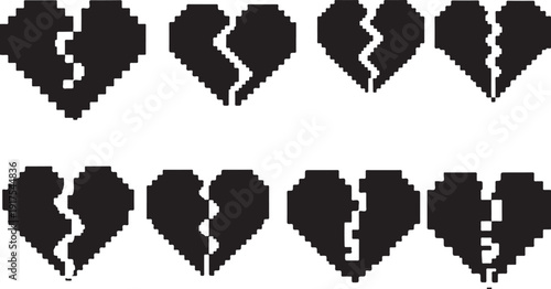 Broken hearts in black and white pixel art style