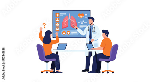 Medical professionals discussing health data on a screen in a meeting.
