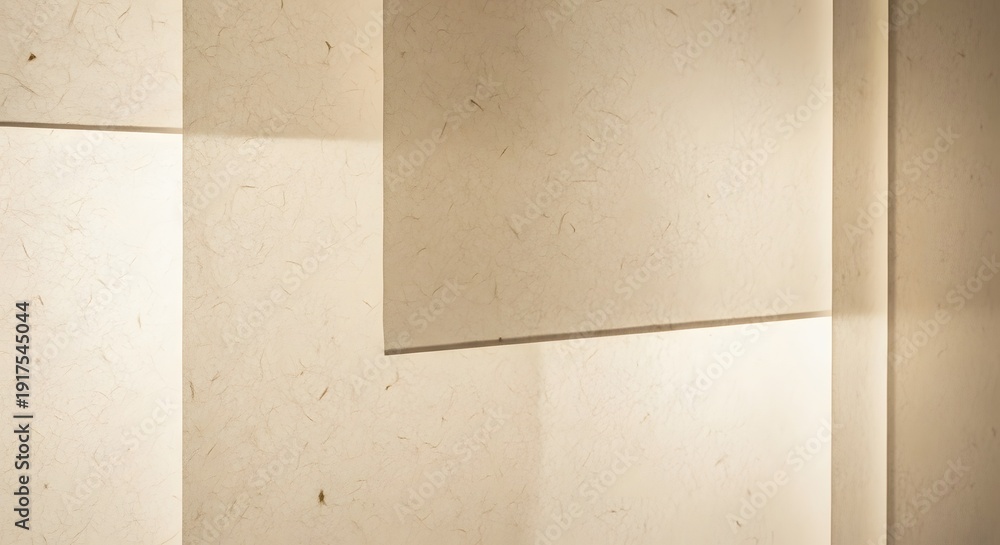 Fototapeta premium Minimalist washi paper texture background with soft shadows and layered geometric wall panels design