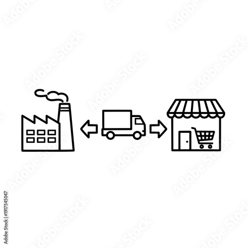 Supply Chain and Logistics Flow Illustration Showing Factory, Delivery Truck, and Retail Store