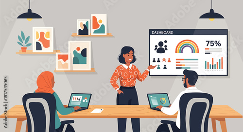 Business team meeting with data presentation on screen