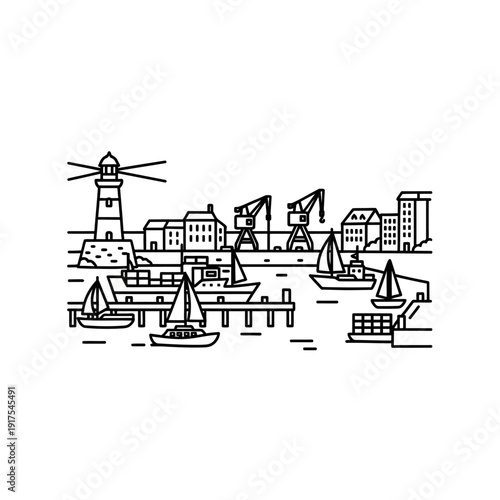 Scenic Harbor View with Lighthouse and Sailing Boats at Sunset