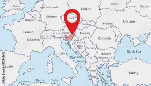 Slovenia on the Europe map with pin location marker3. Vector flat template.