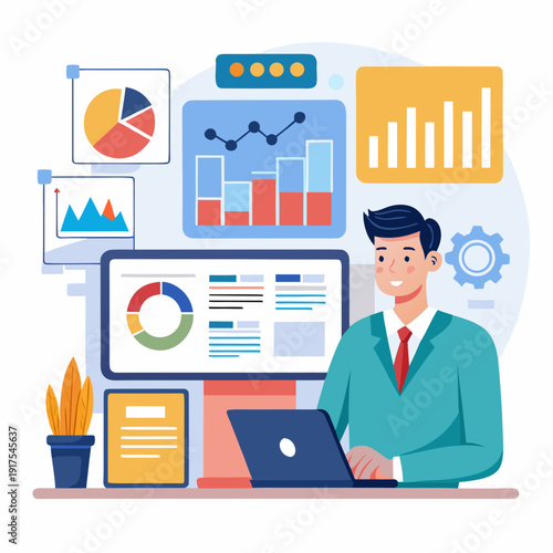 set of business icons. Web analytics dashboard. Marketing data visualization. Statistical graphs and reports. Businessperson analyzing website traffic using a laptop computer.