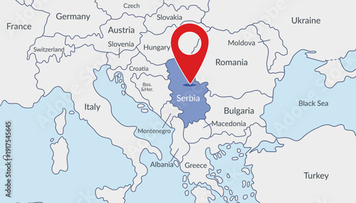 Serbia on the Europe map with pin location marker3. Vector flat template.