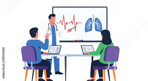 Medical professionals discussing health data on laptops in meeting.