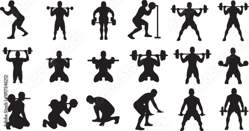 Silhouettes of people exercising with dumbbells and weights freely