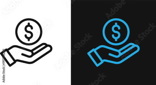 An open hand holding a coin with a dollar sign, illustration of financial transaction or wealth management, depicted in a simple line art style on contrasting backgrounds
