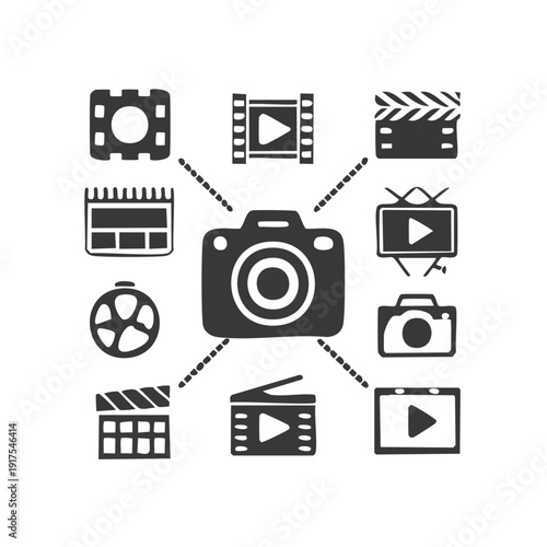 Camera surrounded by film icons representing photography and videography industry tools and concepts
