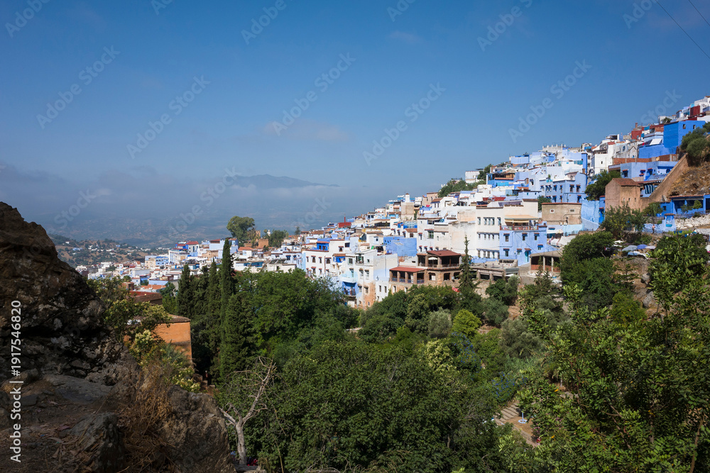 Obraz premium Panoramic view of Chefchaouen medina with blue buildings nestled in the mountains. Green foreground and clear sky enhance the scenic charm