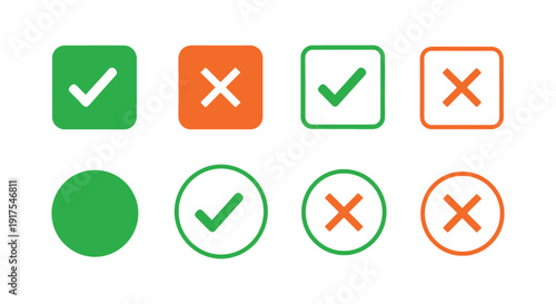 Collection of stylized vector icons representing positive checkmarks and negative cross marks in various modern shapes