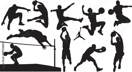Silhouettes of athletes in various sports and dynamic poses
