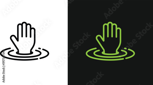 A hand emerging from water, a gesture of help or surrender, depicted in simple line art on contrasting backgrounds, viewed from a straightforward perspective.