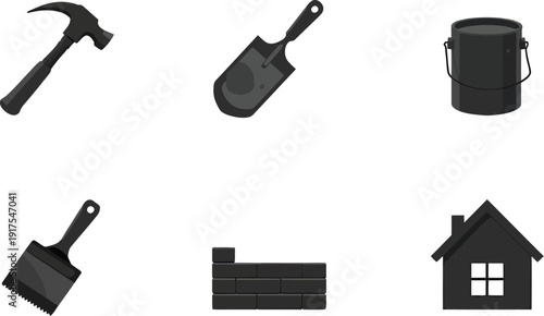 construction and home improvement icons set with hammer shovel paint can brush brick wall and house in black silhouette design