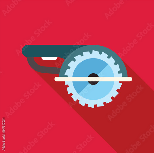 Circular saw icon with long shadow on red background representing woodworking and construction