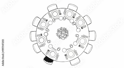 Overhead view of a round dining table set with place settings and a floral centerpiece