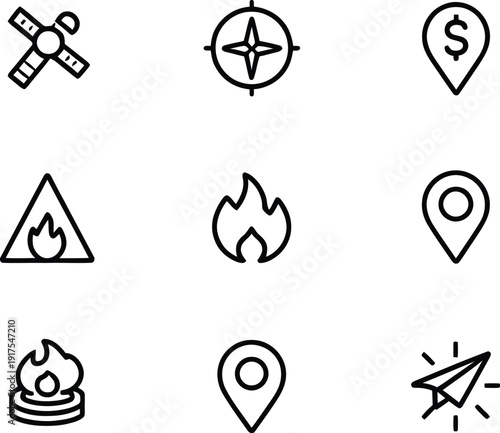 A collection of black and white travel and vacation icons illustrating surfing tropical islands airplanes camping adventures and necessary documentation for an exciting journey