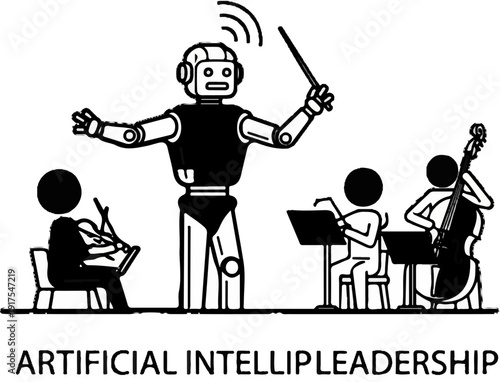 Robot conductor leads orchestra of stick figures playing instruments