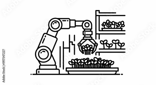 Robotic arm tending to vertical farm growth systems with sprouts