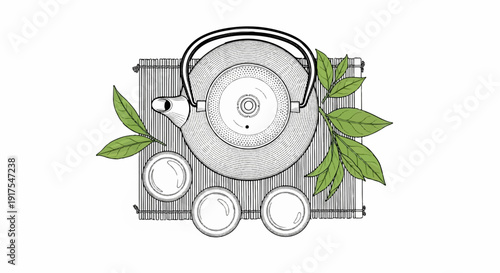 Overhead view of a tea set with bamboo mat and green leaves