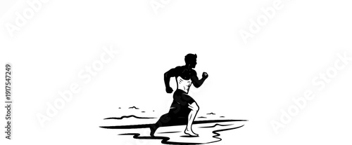 Muscular man sprinting dynamically, a powerful silhouette on a stark background