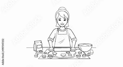 Person rolling dough with cookie cutters, flour bag, bowl, and eggs