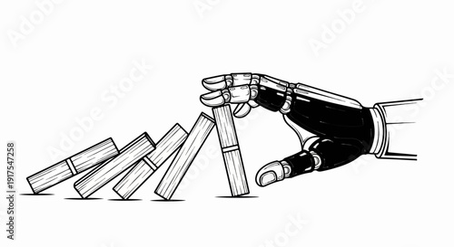 Robot hand stopping falling dominoes in a line