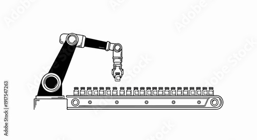 Robotic arm working on conveyor belt with vials for automated production
